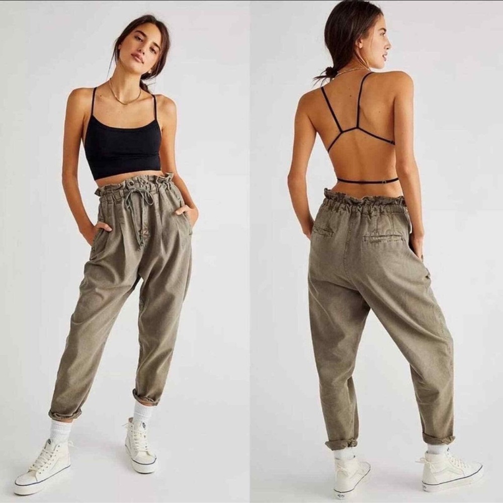 Free People Olive High-Waist Paperbag Ankle Pants
